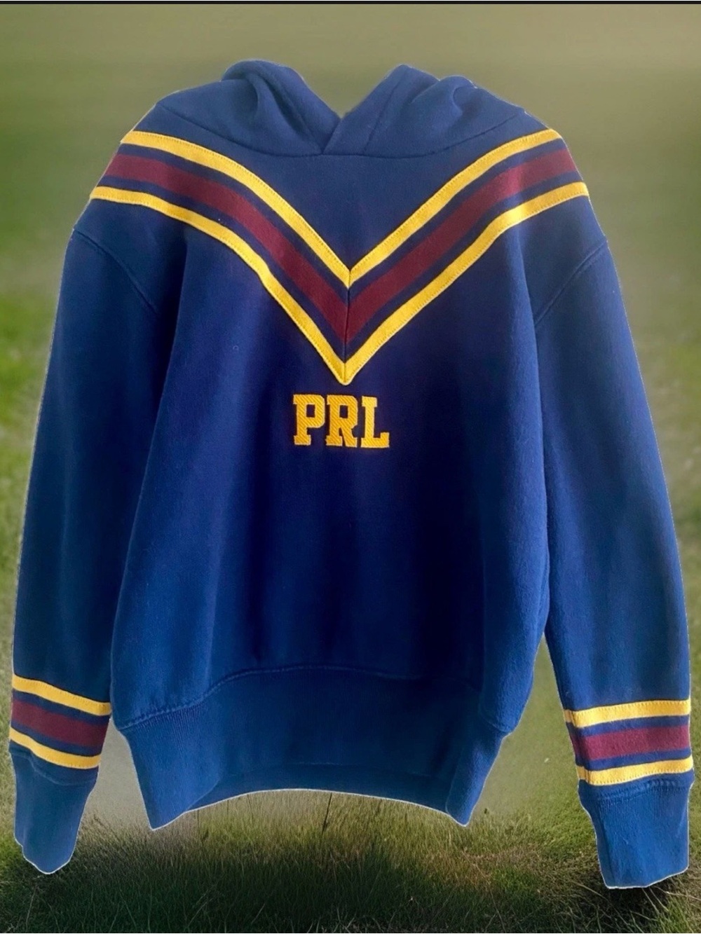 Polo by Ralph Lauren Navy Crewneck Sweater with Gold & Maroon Stripes